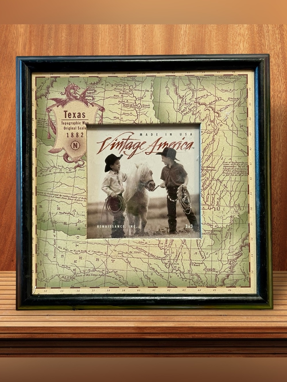 Texas 6.5” Square Picture Frame 1882 Map Rustic Wooden Unused